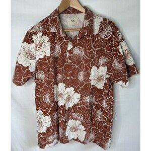 Folk Clothing Shirt Mens L  brown  Floral Hawaiian Camp Cotton Linen  Granola